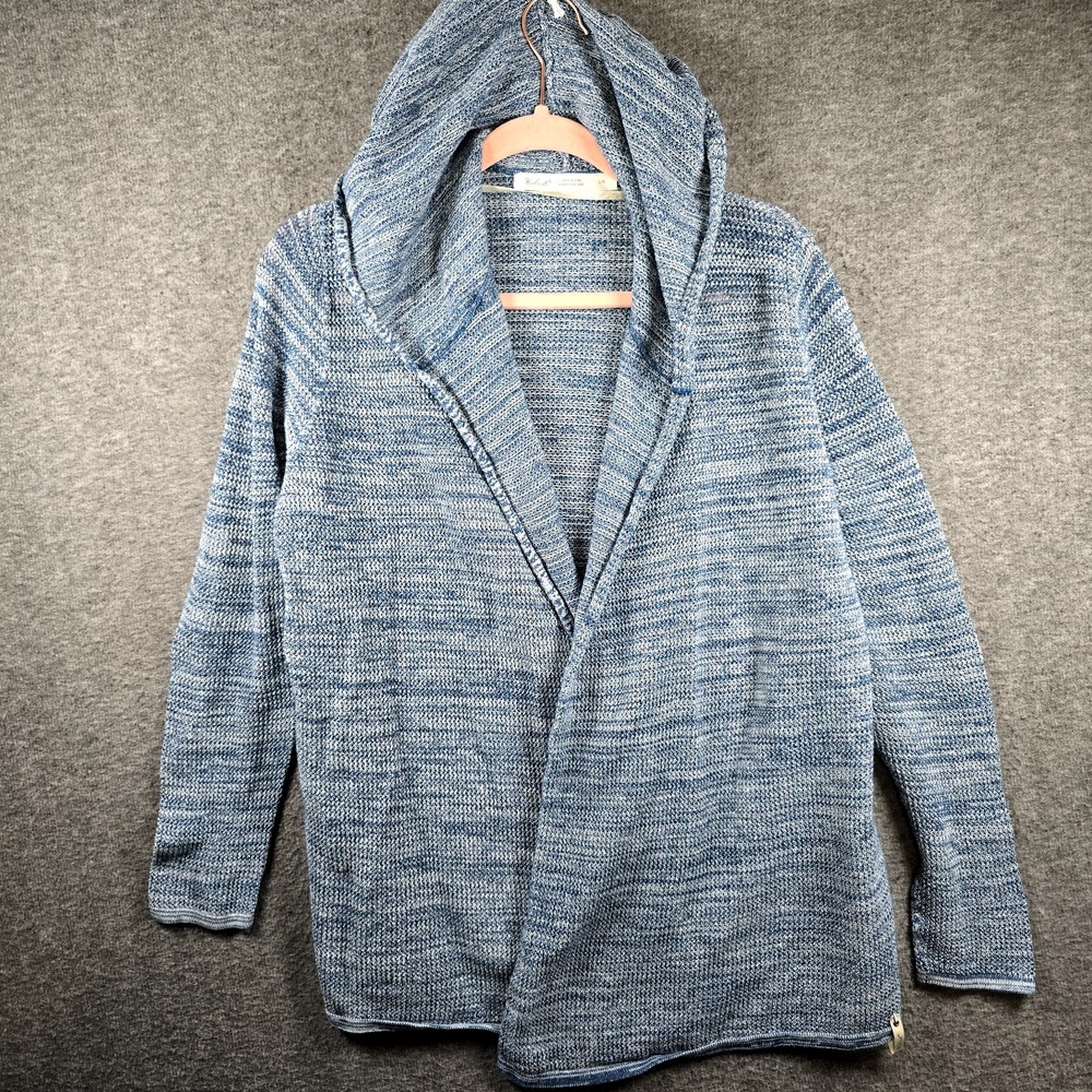 Woolrich Women L Blue Heather Open Front Cardigan Hooded Crochet‎ Beach Vibes